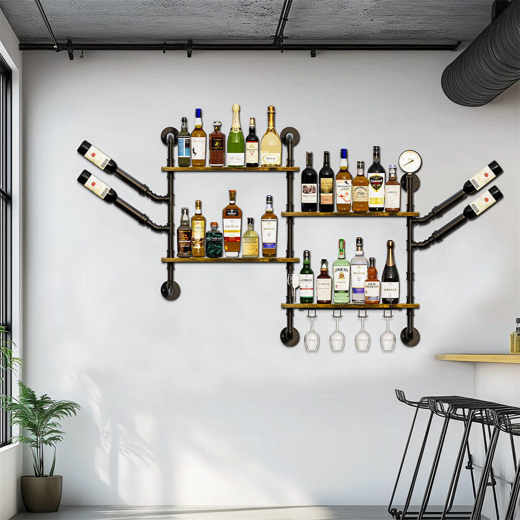 Industrial Pipe Bar Wall Liquor Shelf Floating Shelves with Wine Glass Holder - Free Delivery