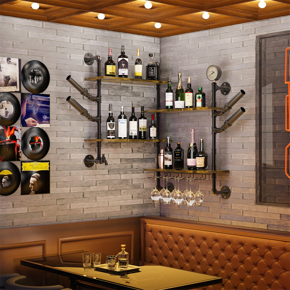 Industrial Pipe Bar Wall Liquor Shelf Floating Shelves with Wine Glass Holder - Free Delivery