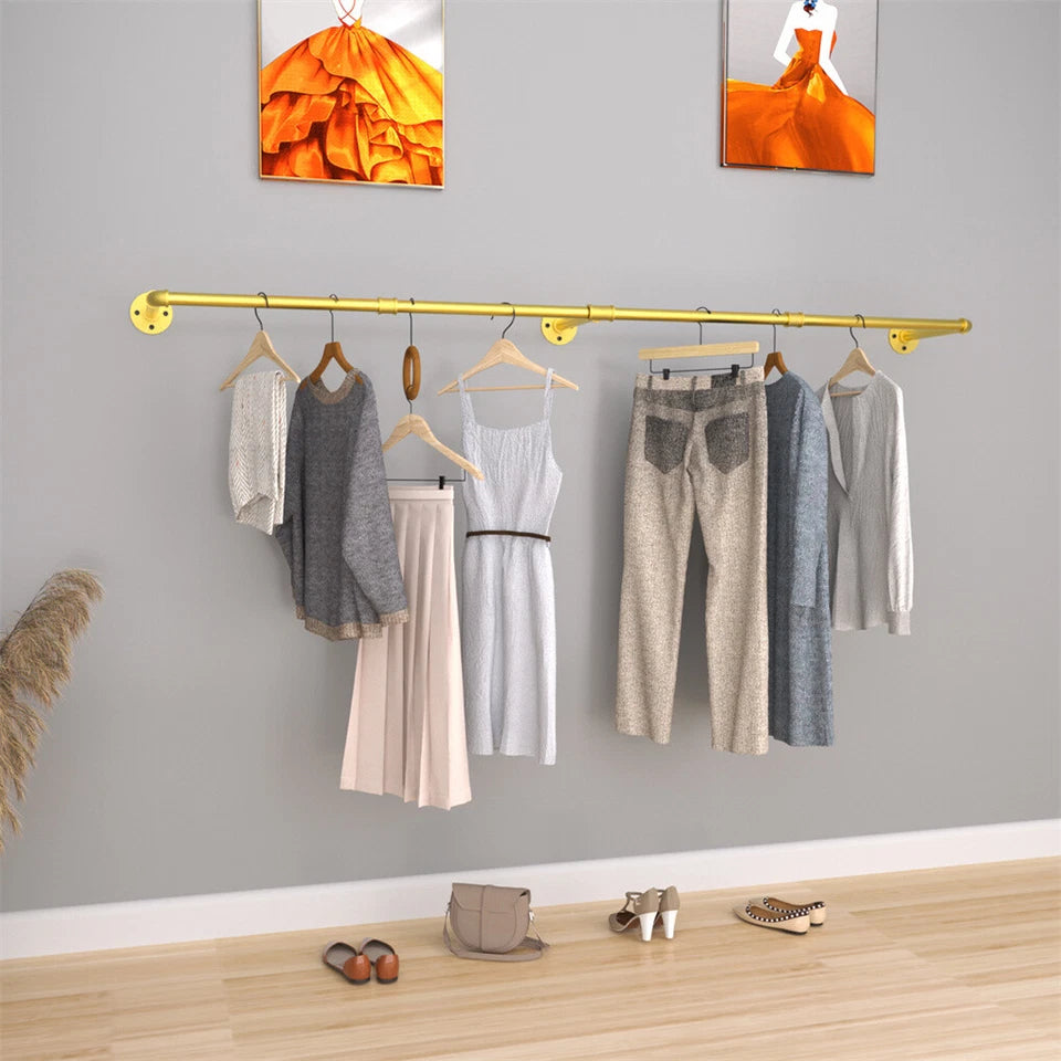 Vintage Gold Wall-Mounted Clothes Rack – Strong Metal Garment Hanging Rail - Free Delivery
