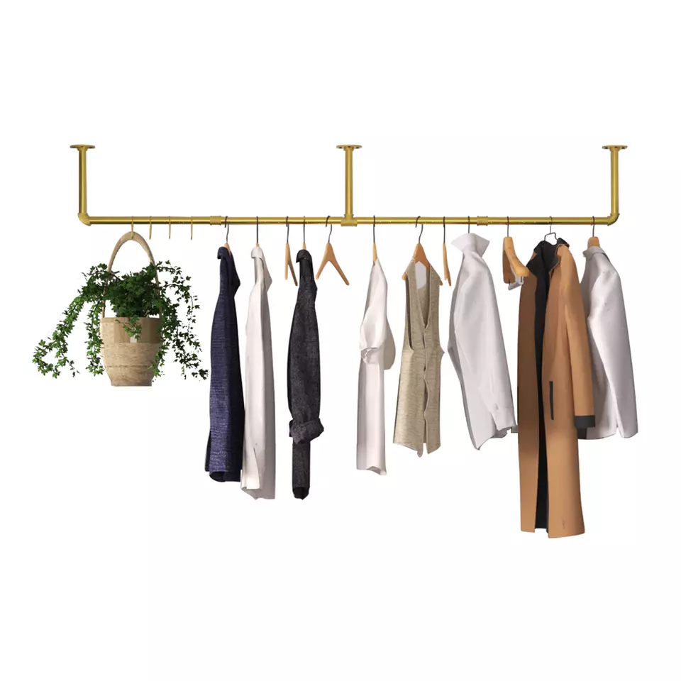 Vintage Gold Wall-Mounted Clothes Rack – Strong Metal Garment Hanging Rail - Free Delivery