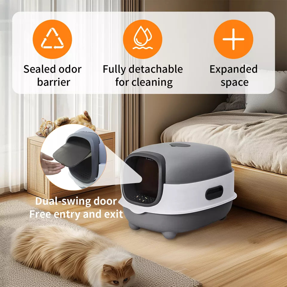 Large Capacity Enclosed Cat Litter Box with Hood and Scoop, Leak-Proof Design - Free Delivery