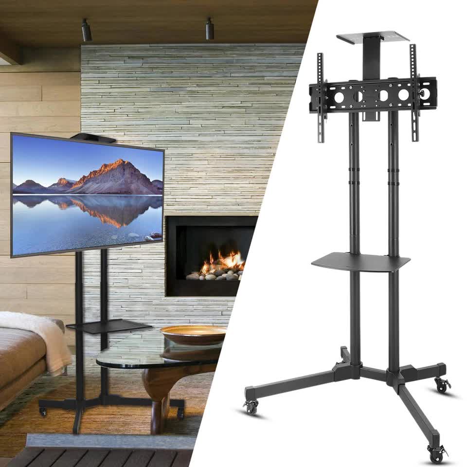32-70" Rolling Tv Stand Mount W Dvd Storage Top Shelf Tv Bracket Trolley Casters