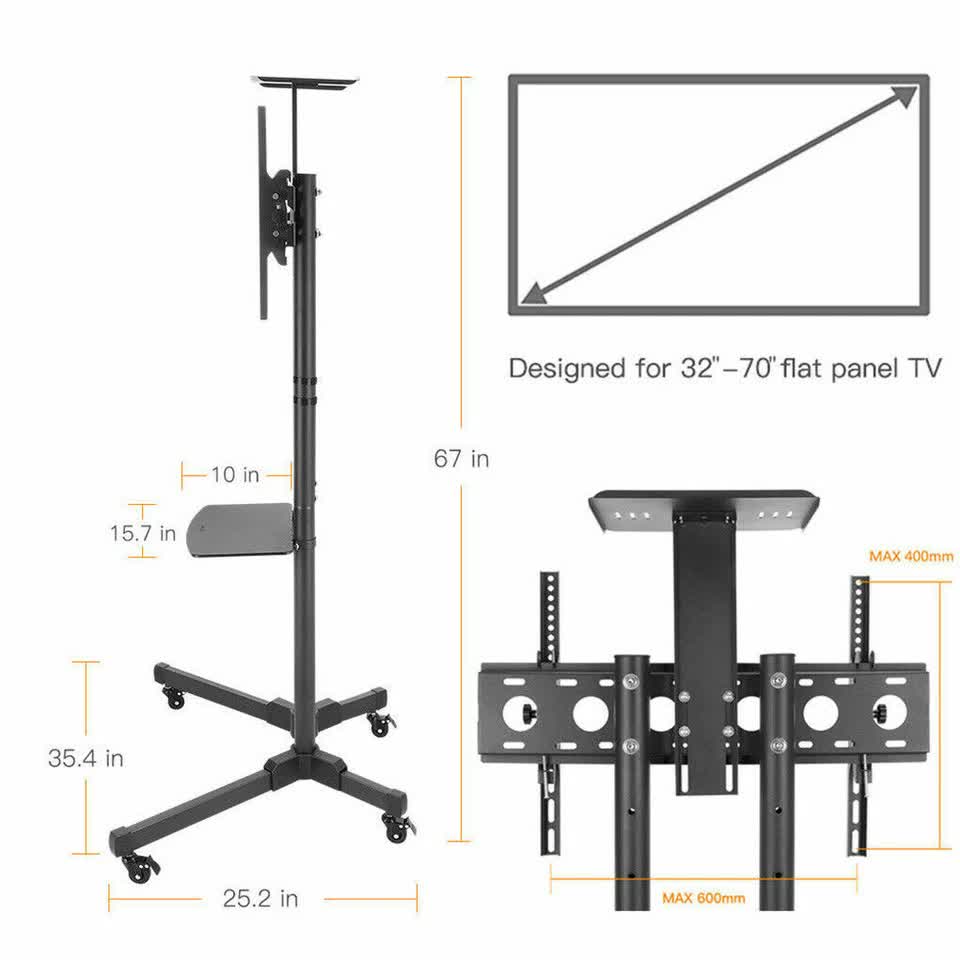32-70" Rolling Tv Stand Mount W Dvd Storage Top Shelf Tv Bracket Trolley Casters