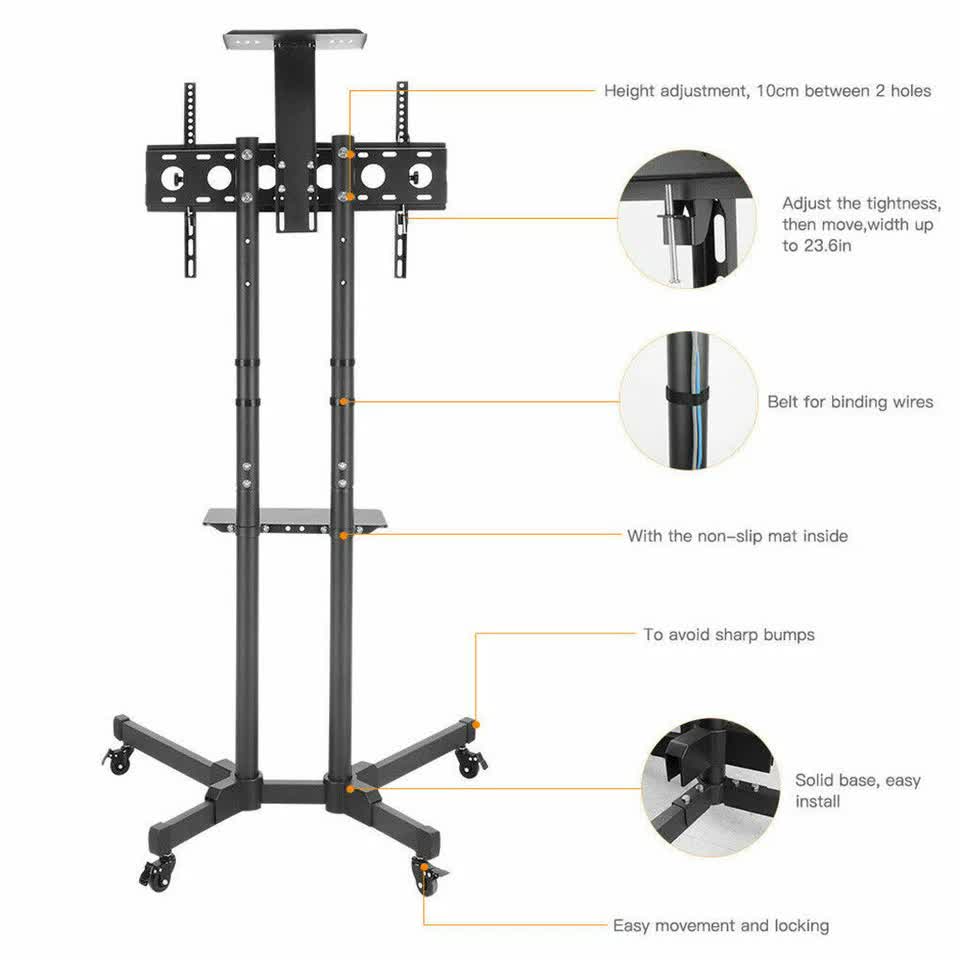 32-70" Rolling Tv Stand Mount W Dvd Storage Top Shelf Tv Bracket Trolley Casters