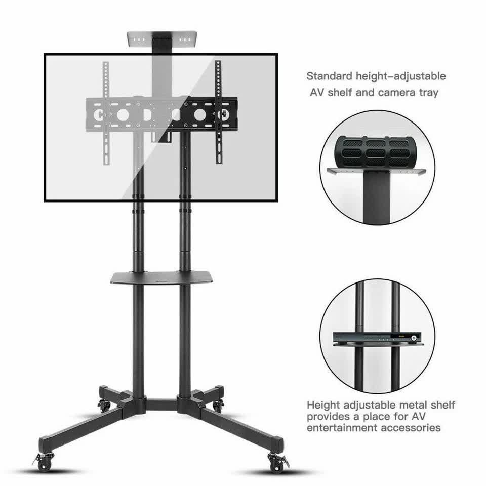 32-70" Rolling Tv Stand Mount W Dvd Storage Top Shelf Tv Bracket Trolley Casters