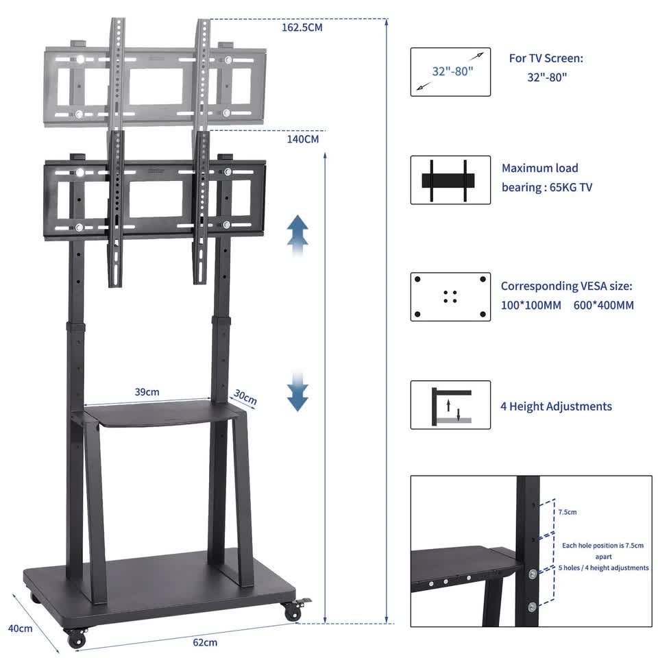 Floor Tv Mount Stand Bracket Rolling For 32"-80" Screens Vesa 600X400 Hold 65Kg