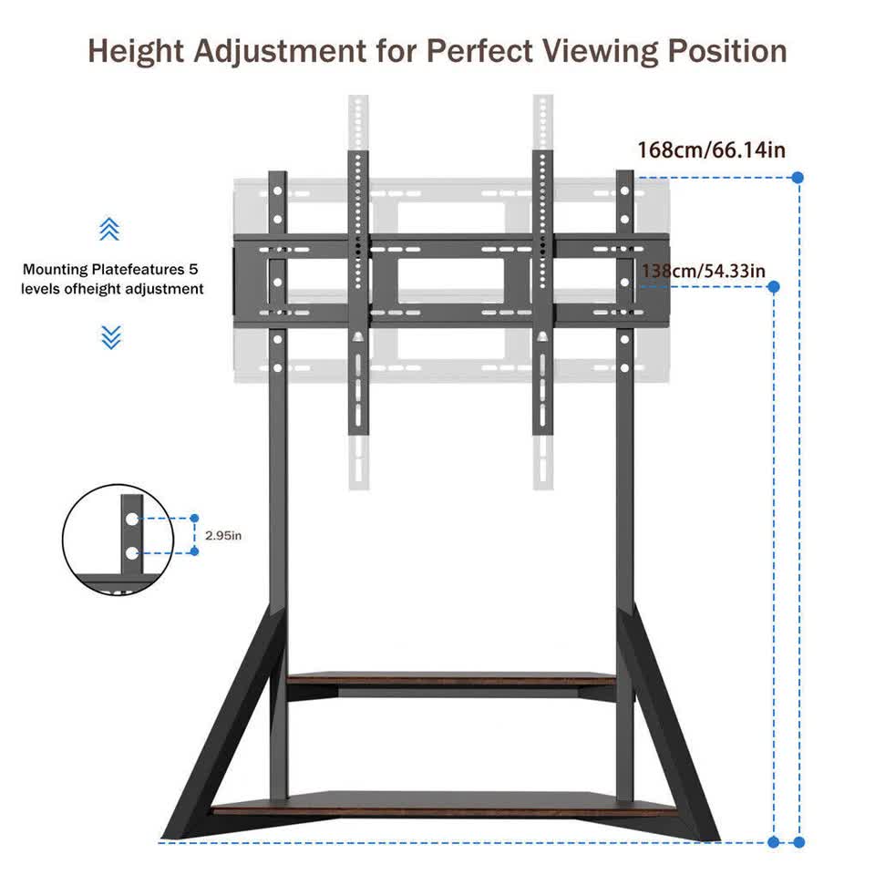 2 Tiers Rustic Wood Shelves Heavy Duty Universal Tv Floor Stand For 32-75 Inches - Free Delivery