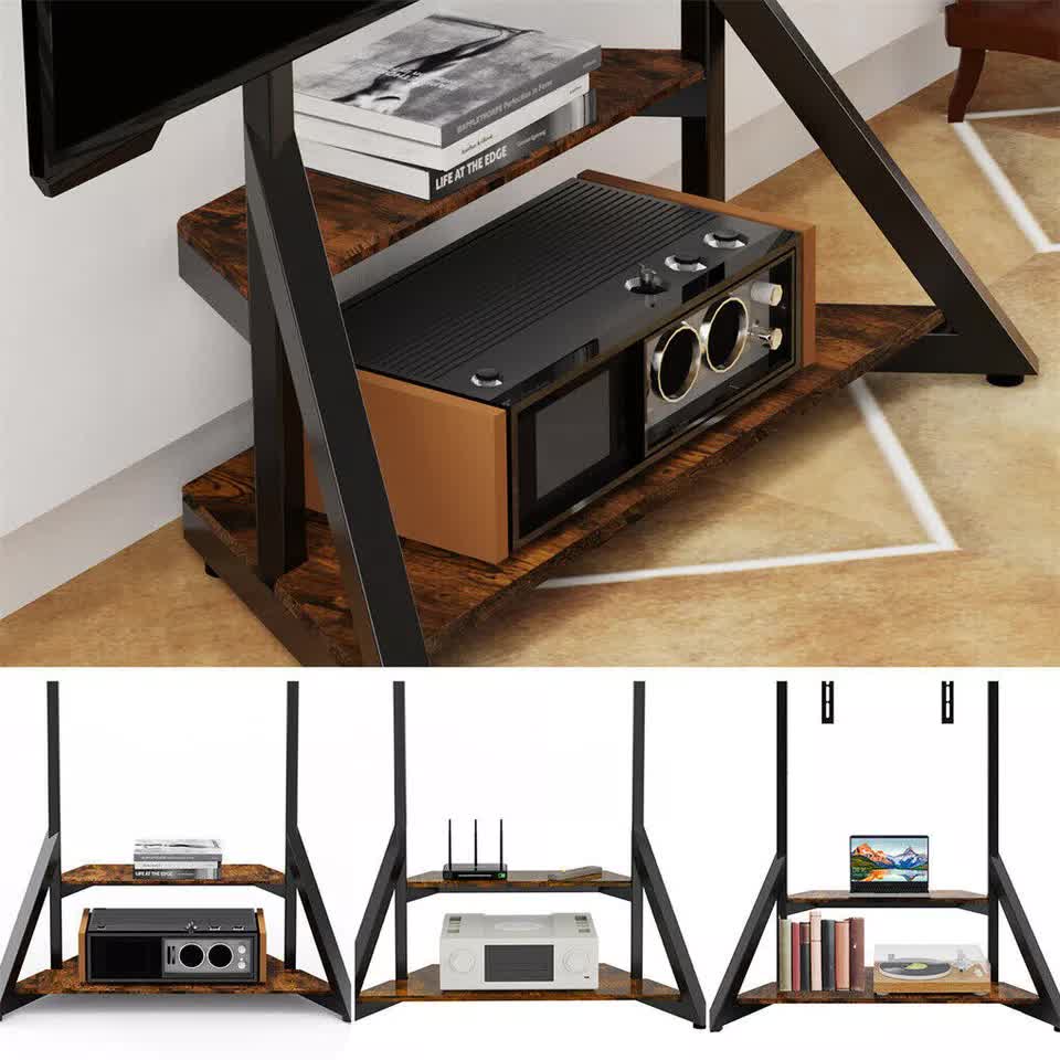 2 Tiers Rustic Wood Shelves Heavy Duty Universal Tv Floor Stand For 32-75 Inches - Free Delivery