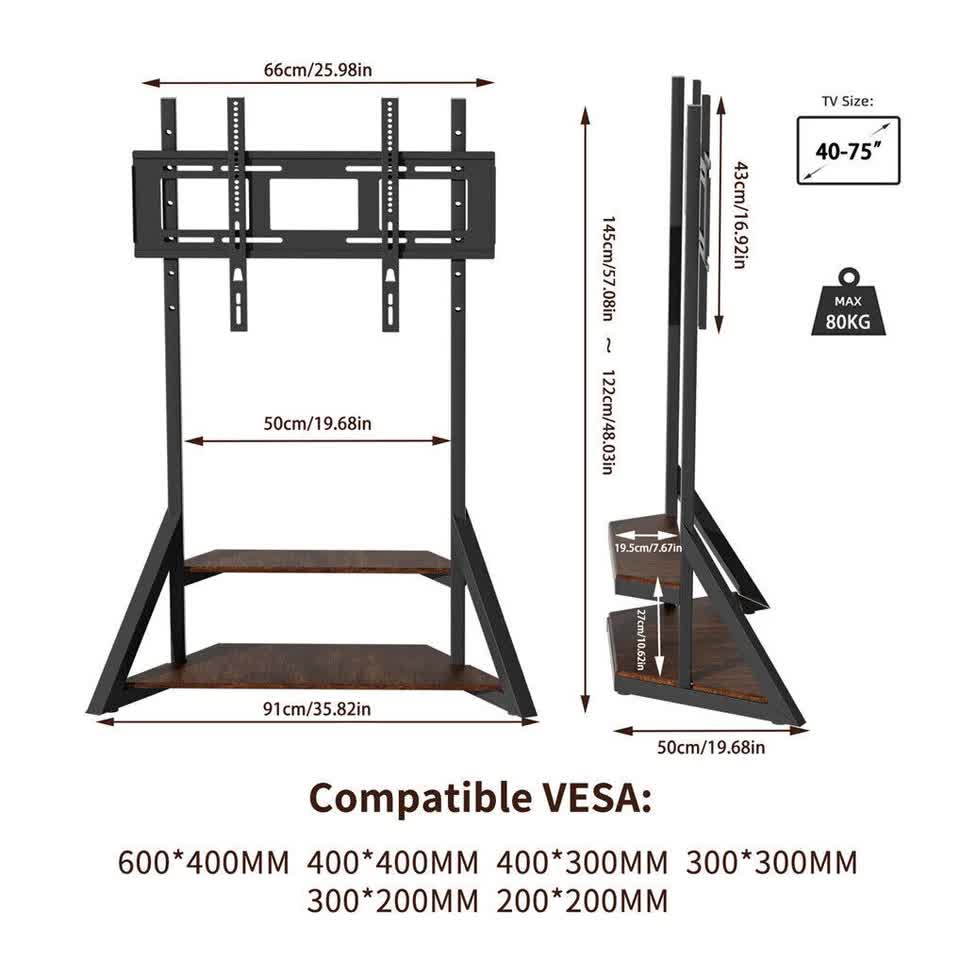 2 Tiers Rustic Wood Shelves Heavy Duty Universal Tv Floor Stand For 32-75 Inches - Free Delivery