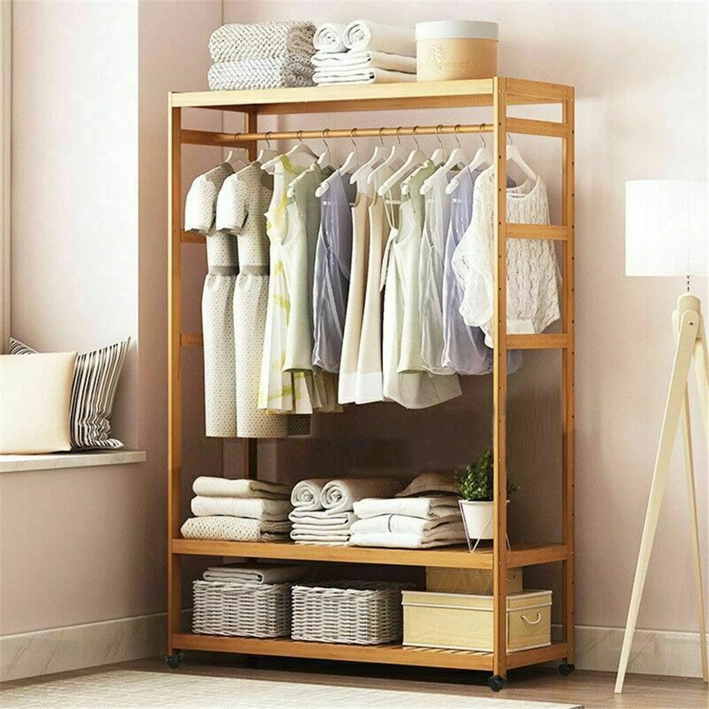 XXL Wooden Clothes Rail Coat Rack with Wheels – Open Wardrobe Organizer - Free Delivery