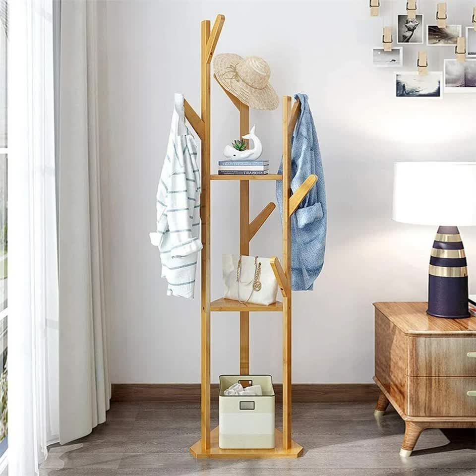 Wooden Coat and Hat Stand with 10 Hooks – Floor Standing Clothes and Umbrella Rack - Free Delivery