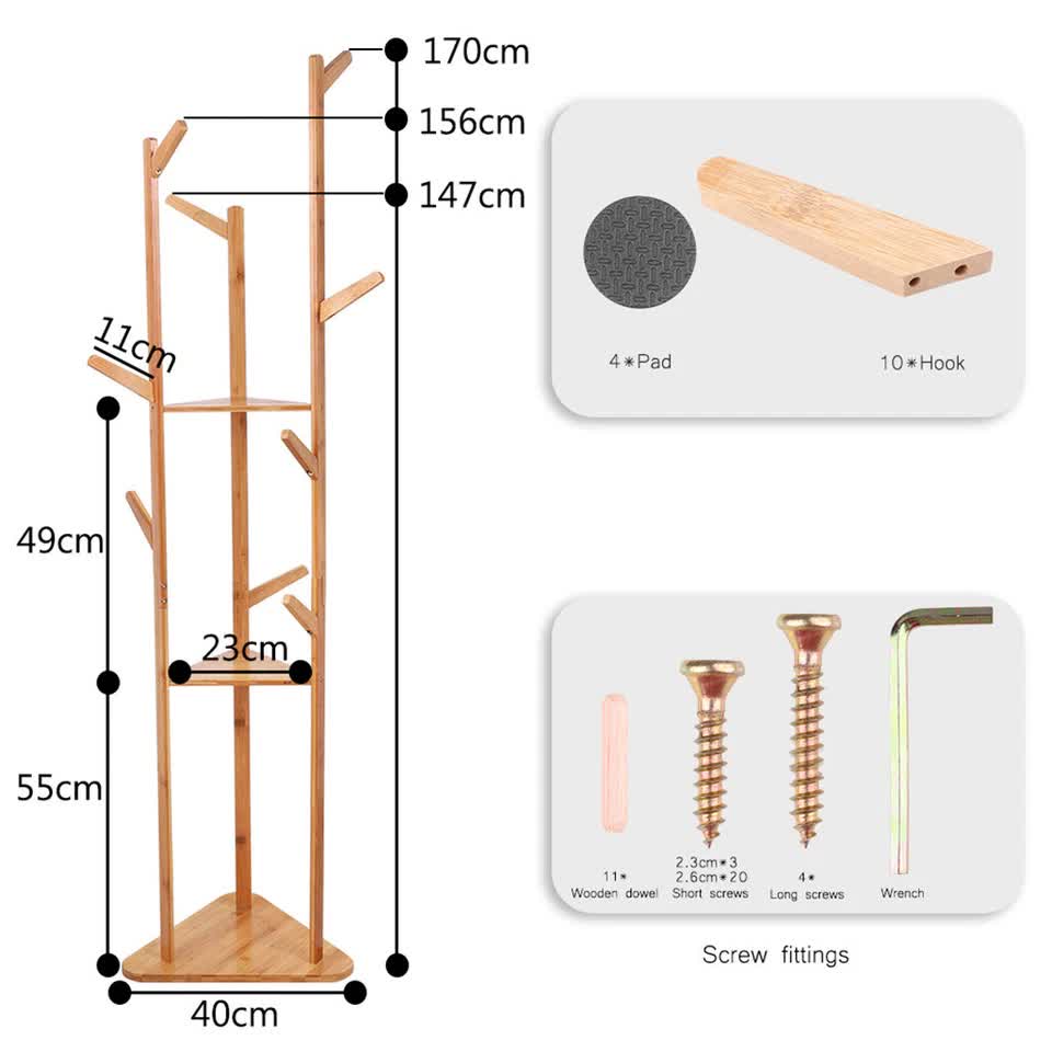 Wooden Coat and Hat Stand with 10 Hooks – Floor Standing Clothes and Umbrella Rack - Free Delivery