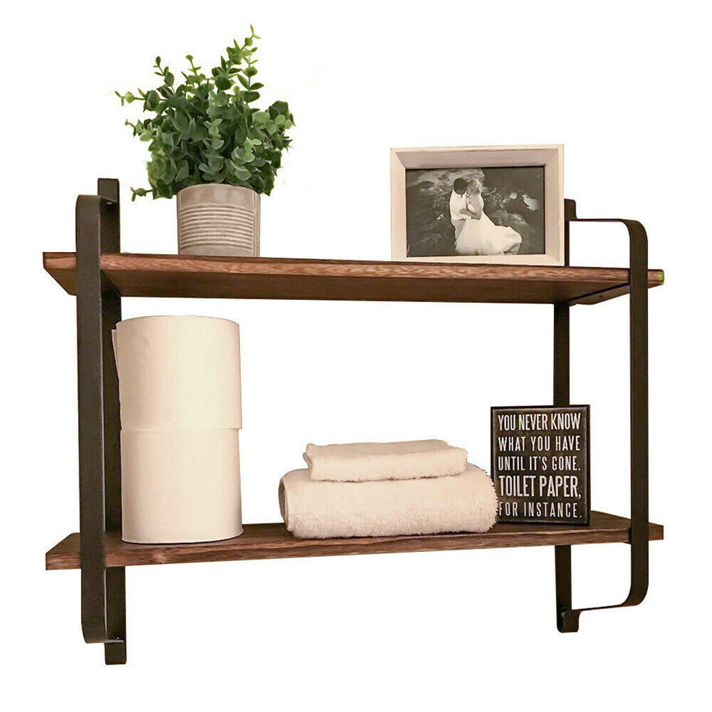 2 Layer Wood Wall Shelves Home Decor Floating Shelf Metal Hanging Storage Rack - Free Delivery