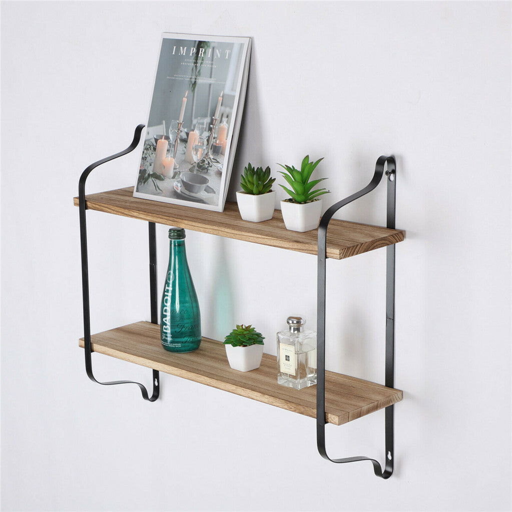 2 Layer Wood Wall Shelves Home Decor Floating Shelf Metal Hanging Storage Rack - Free Delivery