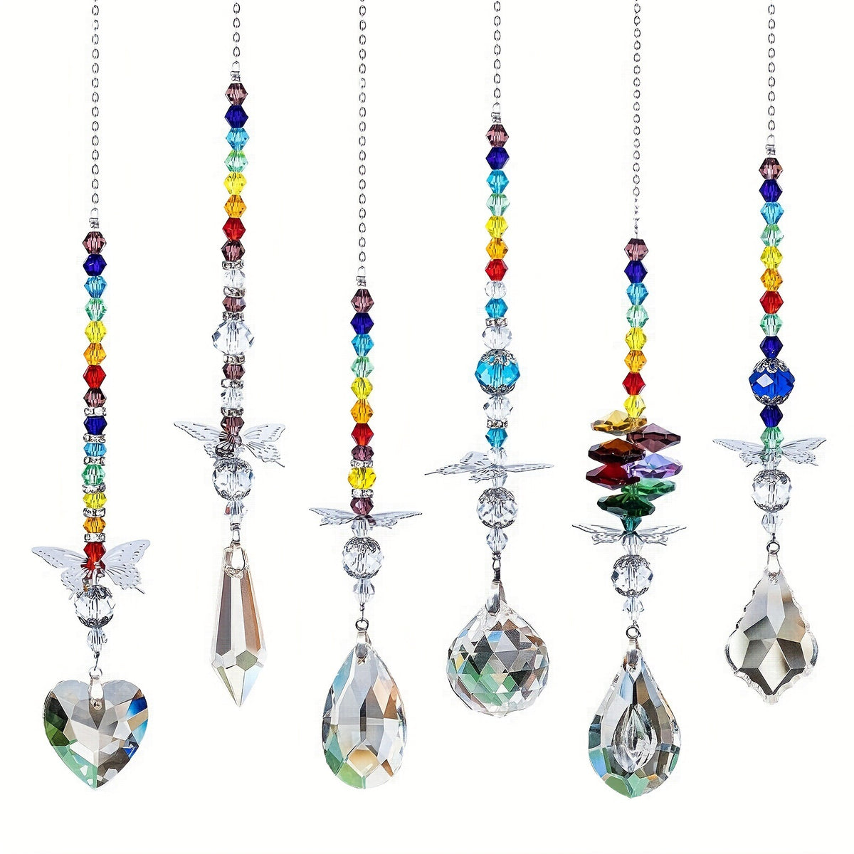 Set of 6 Crystal Suncatcher Hanging Ornaments - Butterfly Star Moon Prism Window Decor