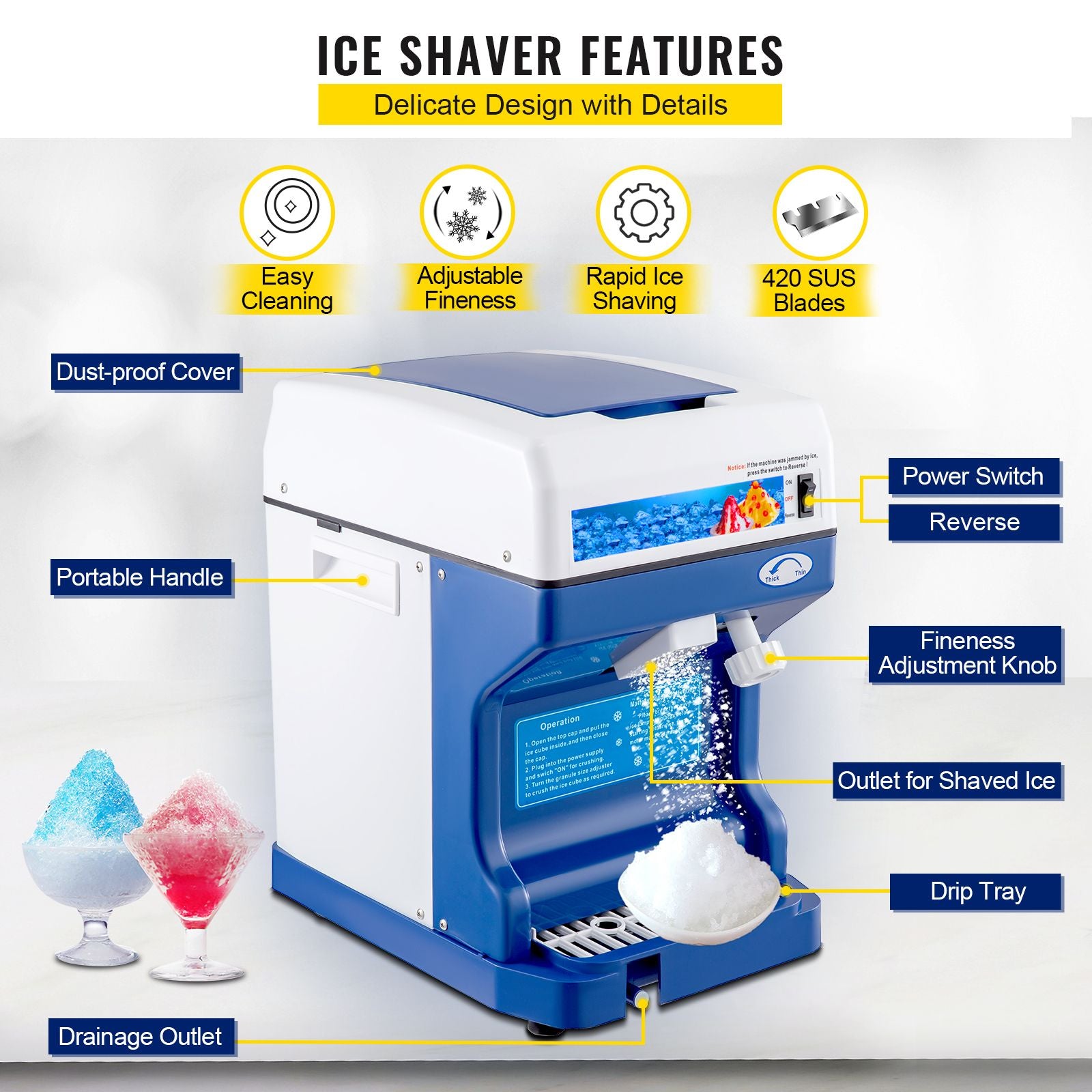 Ice Shaver 265LBS/Hour Snow Cone Frozen Ice Shaving Slushie Dessert Maker