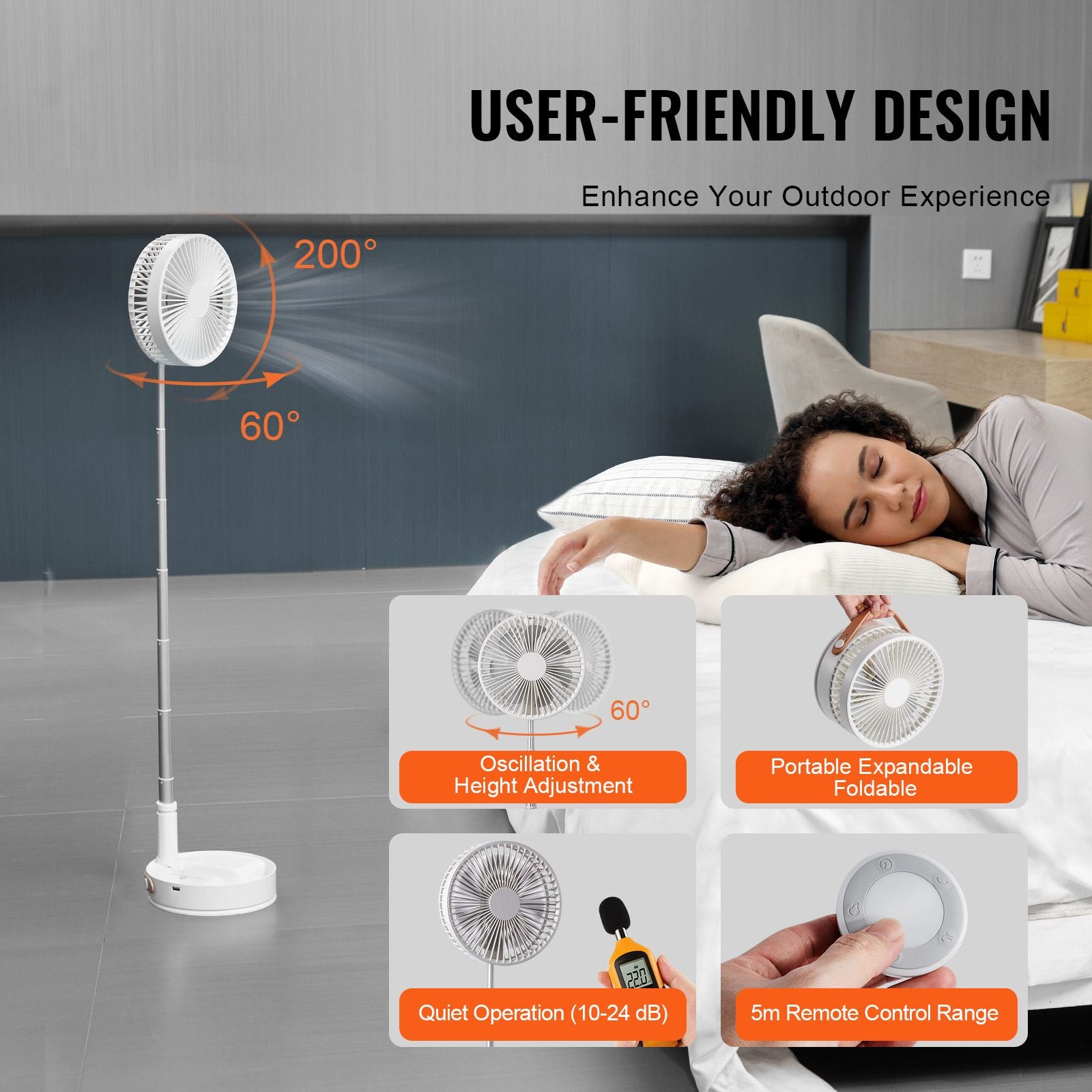 8 Inch Foldable Oscillating Standing Fan with Remote Control, 4 Speed Adjustable