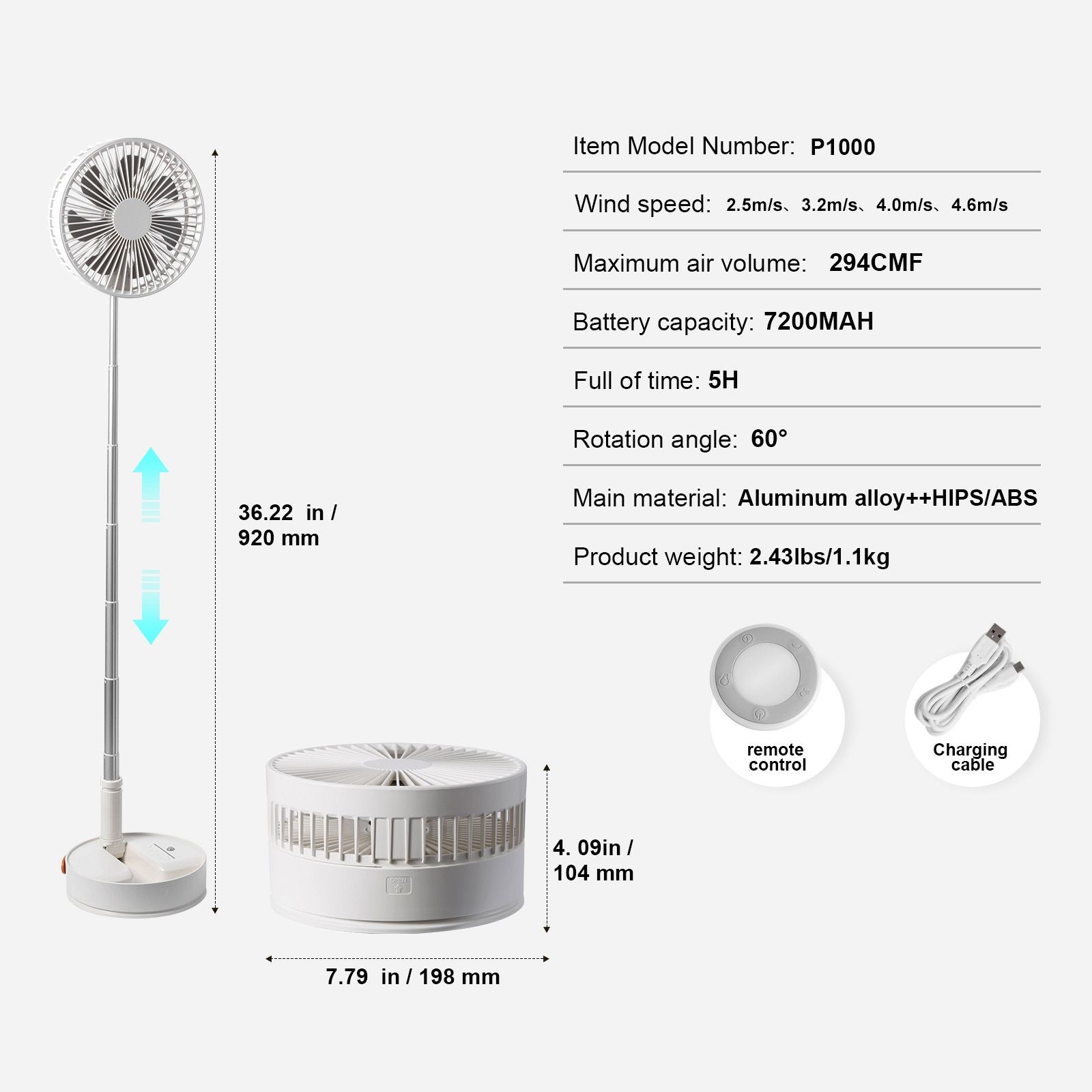 8 Inch Foldable Oscillating Standing Fan with Remote Control, 4 Speed Adjustable