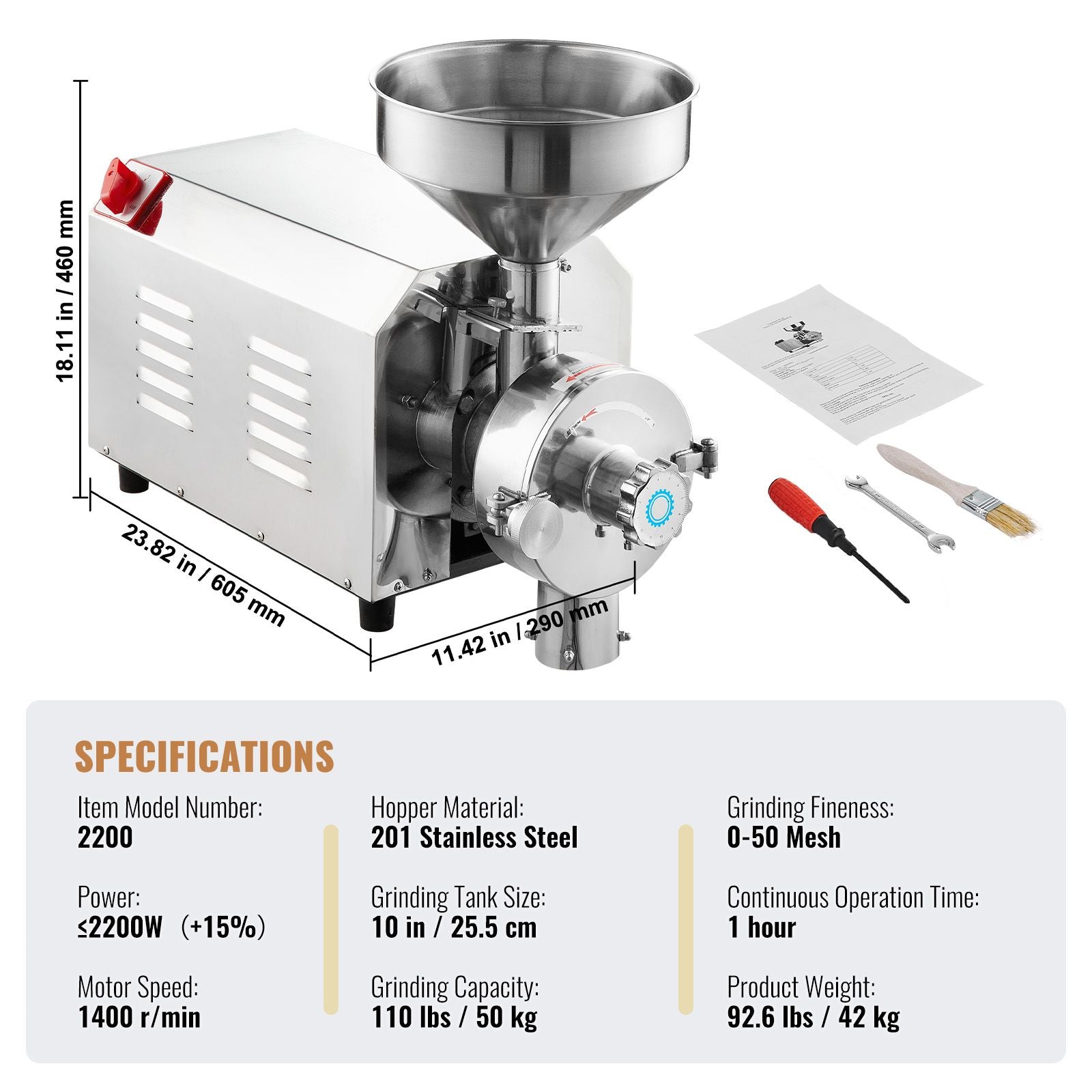 Grain Grind Mill Grain Grinding Machine 2200W Food Processing Machinery