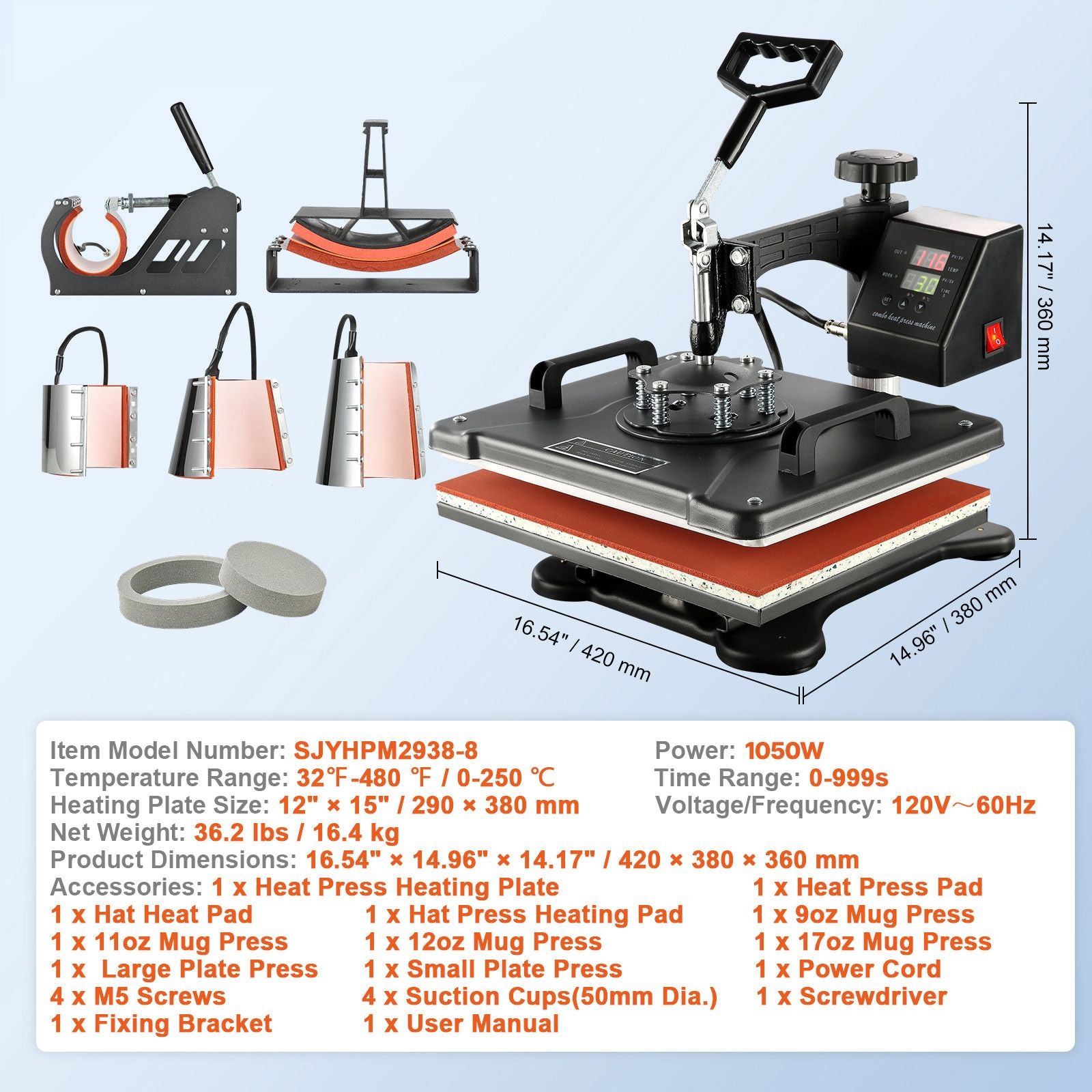 1400W Heat Press Machine 8 In 1 Sublimation Steel Frame Heat Presses with