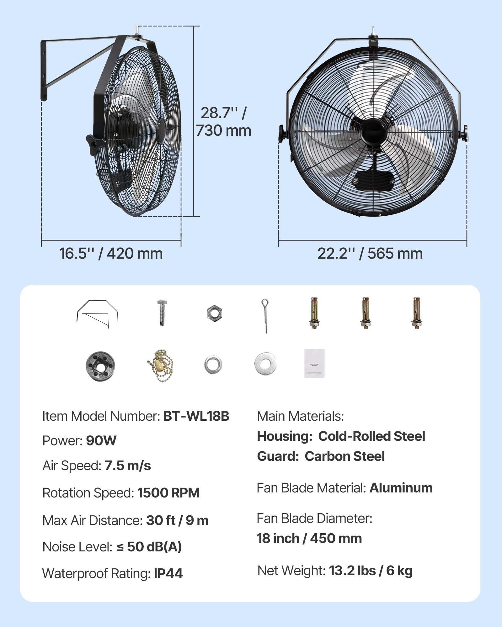 Industrial Wall Mount Fan Waterproof Metal Fan 17.6'' 3 Speed Airflow