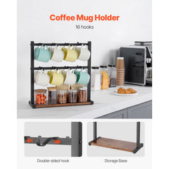 Coffee Mug Holder for Countertop 16 Hooks Cup Rack with Wood Storage Base