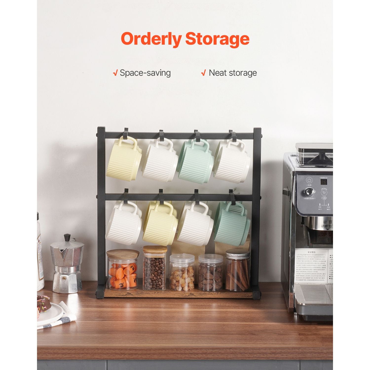 Coffee Mug Holder for Countertop 16 Hooks Cup Rack with Wood Storage Base