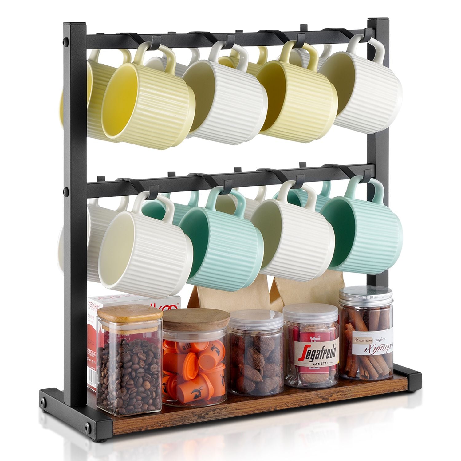 Coffee Mug Holder for Countertop 16 Hooks Cup Rack with Wood Storage Base