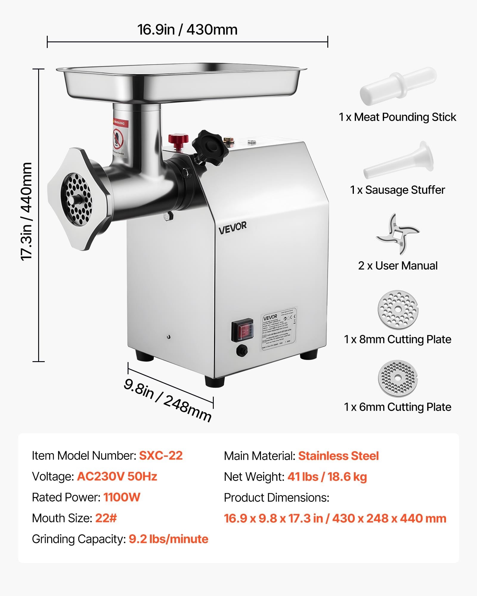 VEVOR Commercial Electric Meat Grinder 9.2 Lbs/Min Sausage Stuffer Maker Kitchen