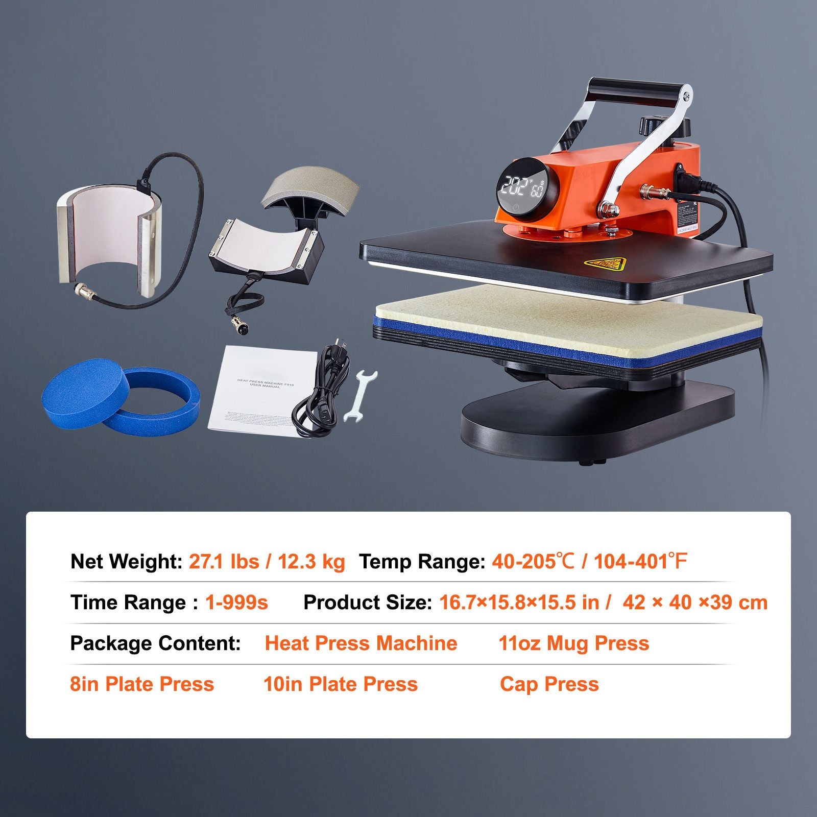 Heat Press Machine 12x15in 8in1 Sublimation Transfer T-shirt Plate Mug Cup