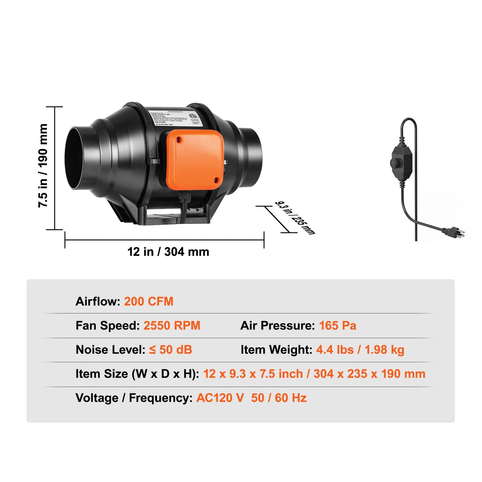 Inline Duct Fan, 102mm 129.7 CFM with Variable Speed Controller, Quiet AC-motor