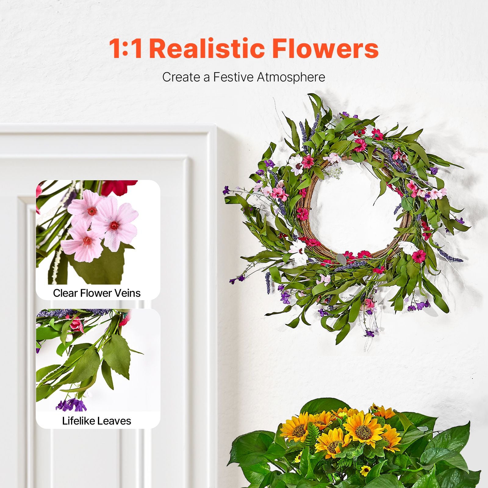Artificial Decorative Wreath 55.88 cm Pink Green with Daisies Year Round