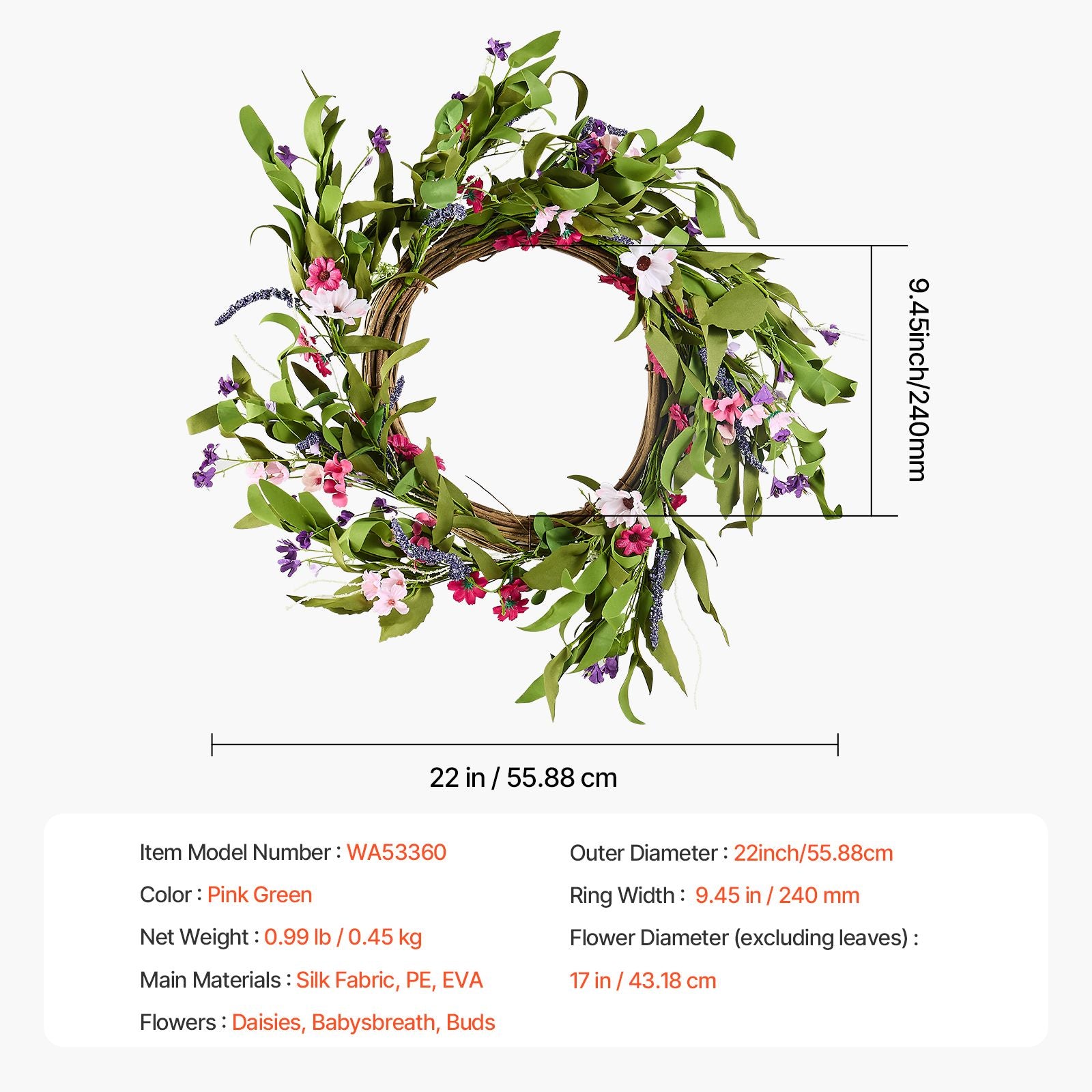 Artificial Decorative Wreath 55.88 cm Pink Green with Daisies Year Round