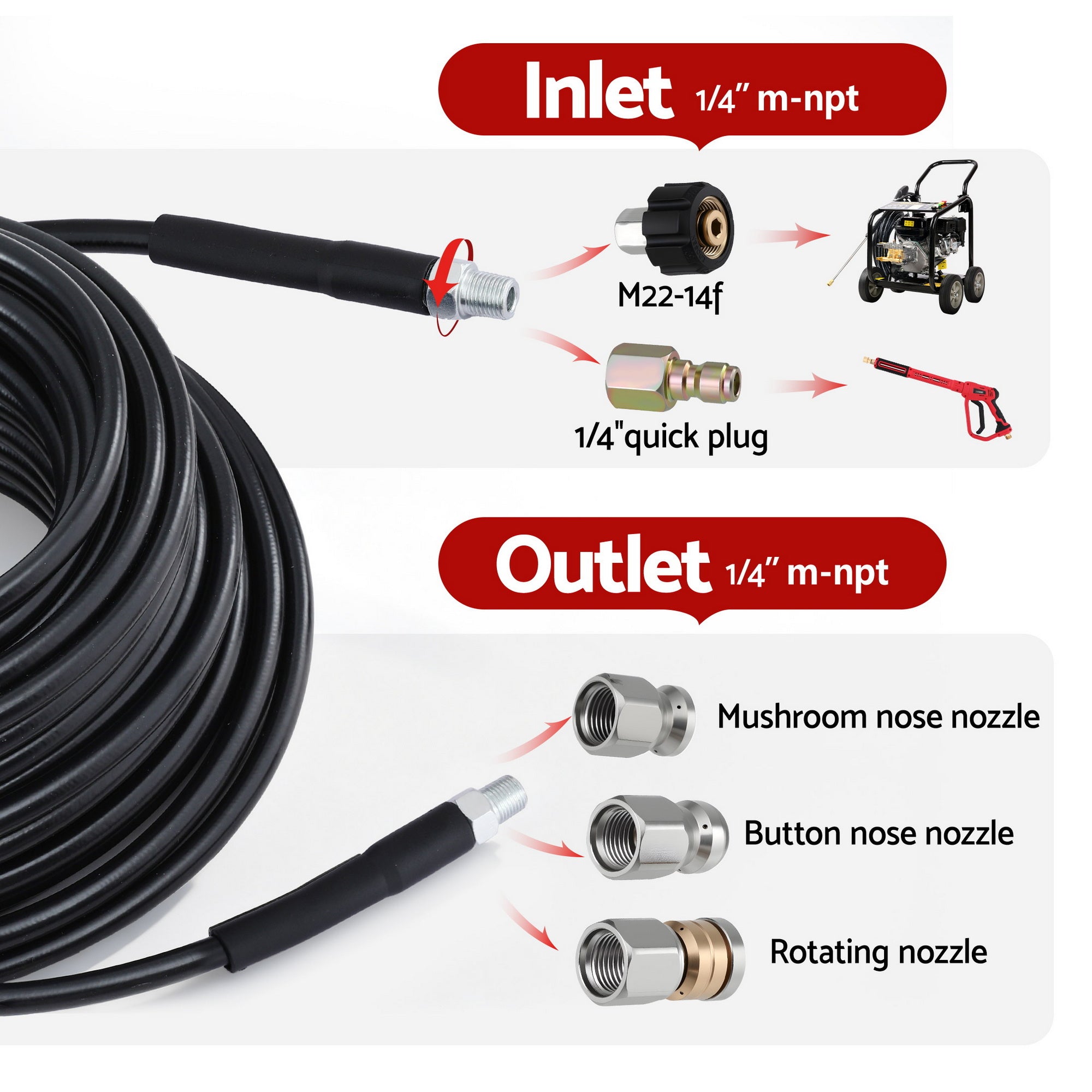 Giantz Pressure Washer Hose 30M 5800PSI Power Replacement Extension 1/4'' Quick