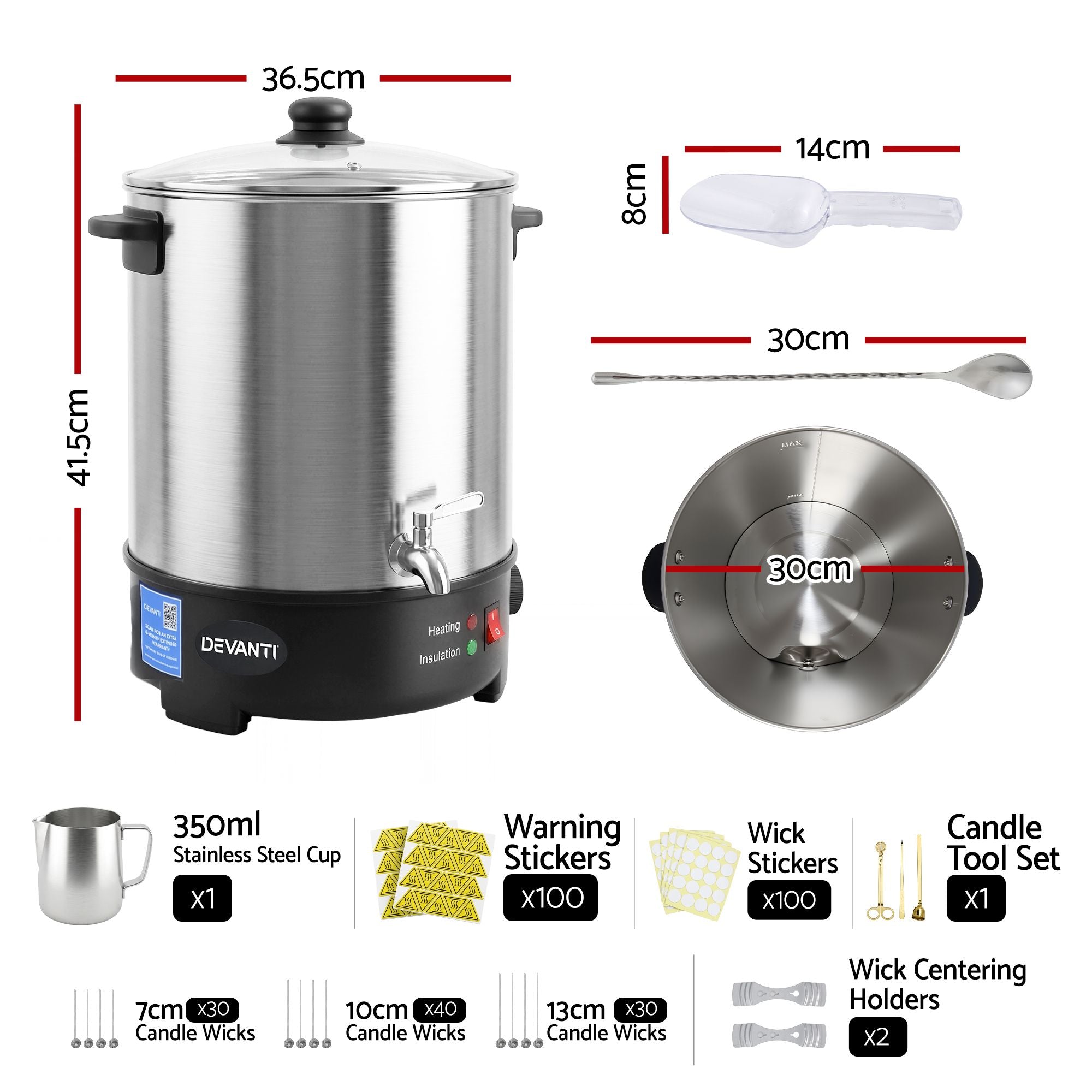 Devanti 16L Wax Melter 1500W Candle Making Pot Quick Pour Spout