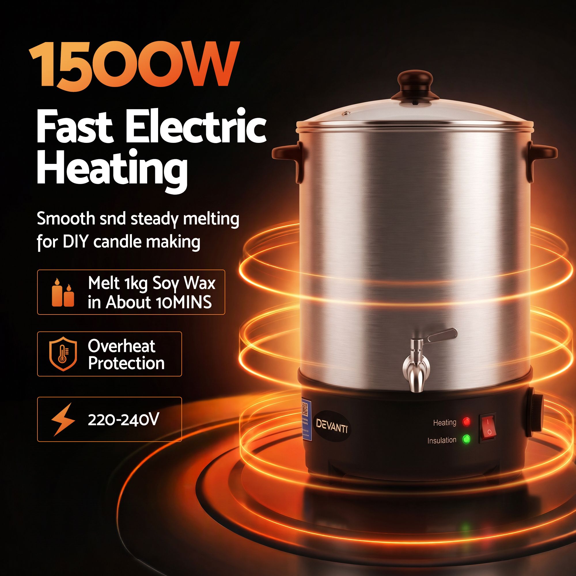 Devanti 16L Wax Melter 1500W Candle Making Pot Quick Pour Spout