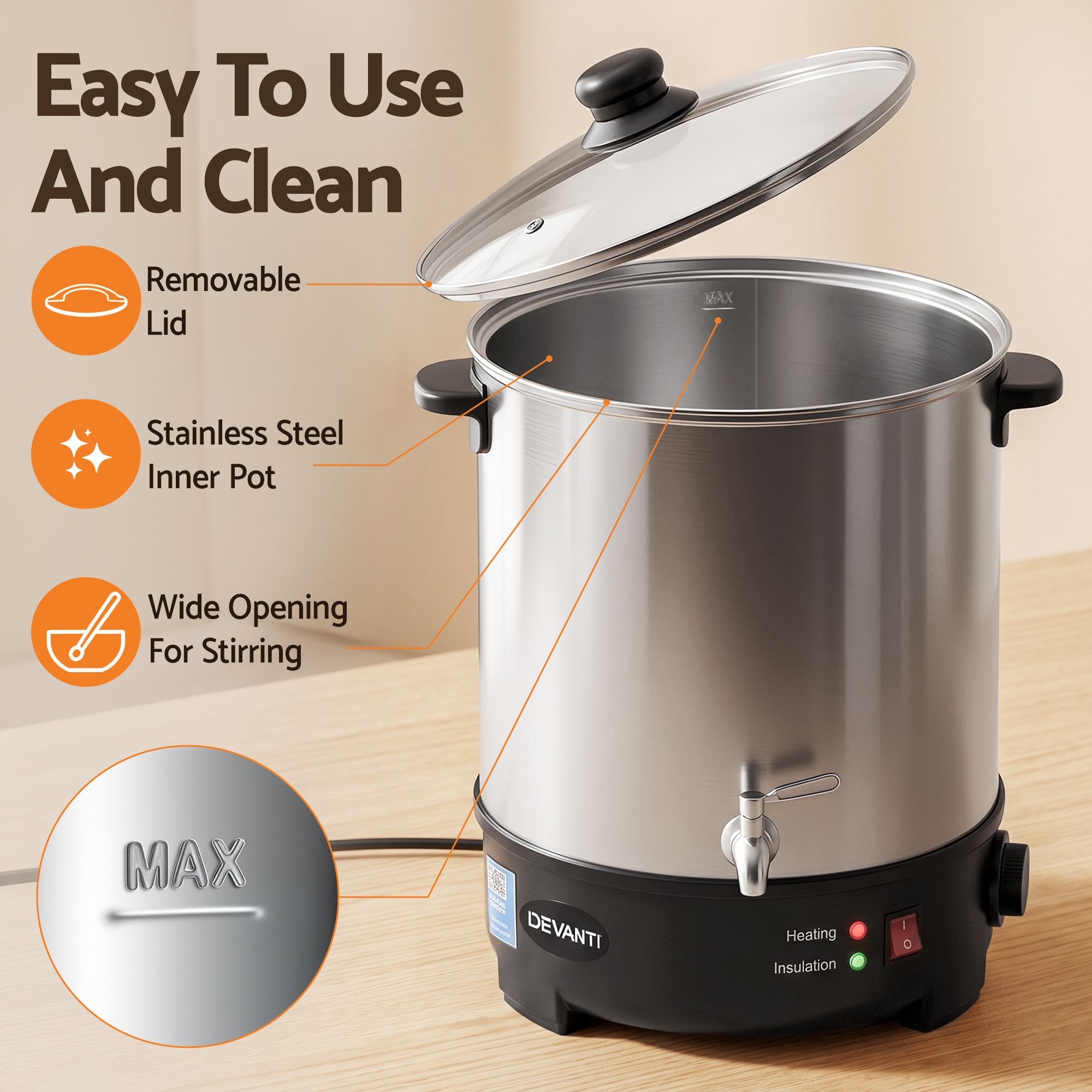Devanti 16L Wax Melter 1500W Candle Making Pot Quick Pour Spout
