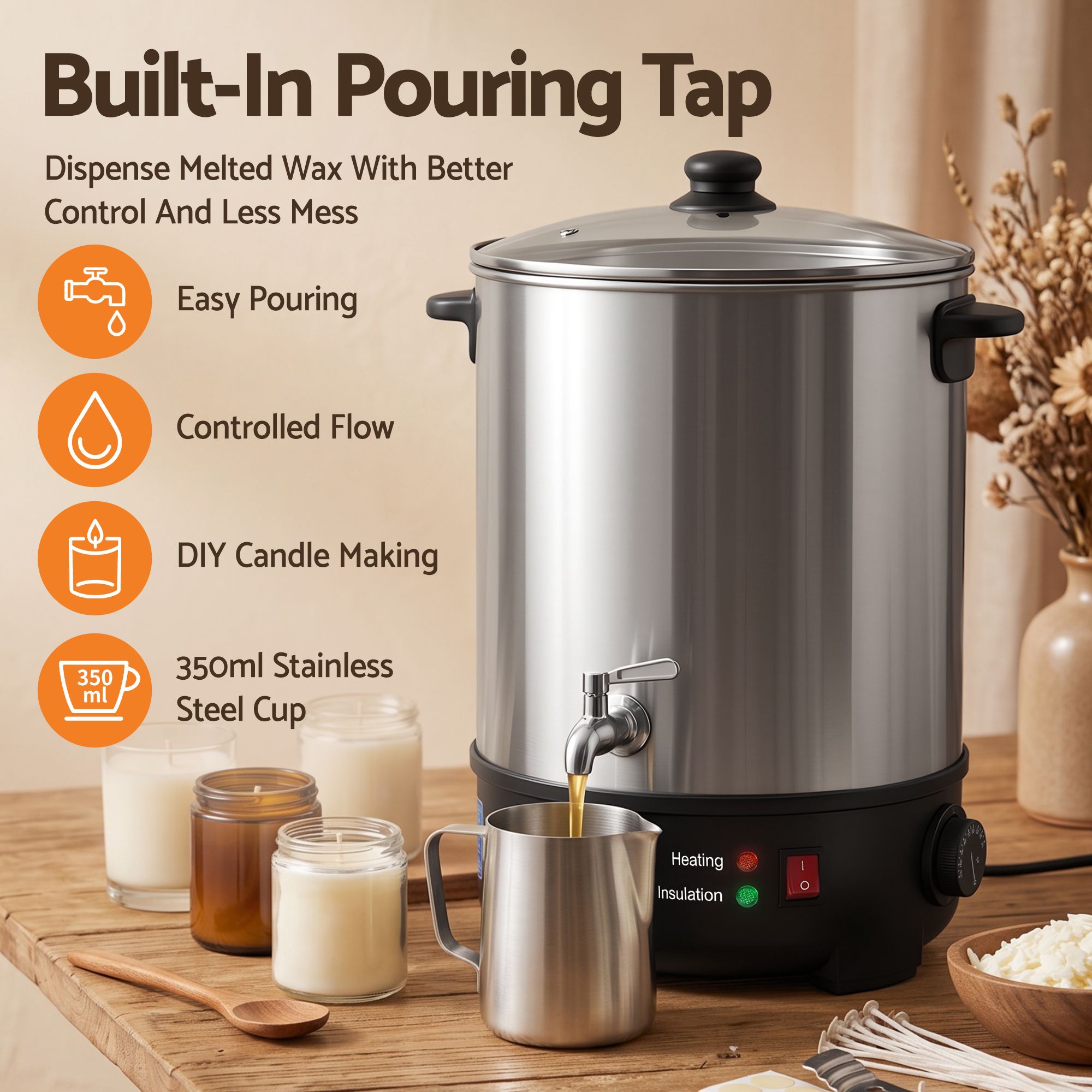 Devanti 16L Wax Melter 1500W Candle Making Pot Quick Pour Spout