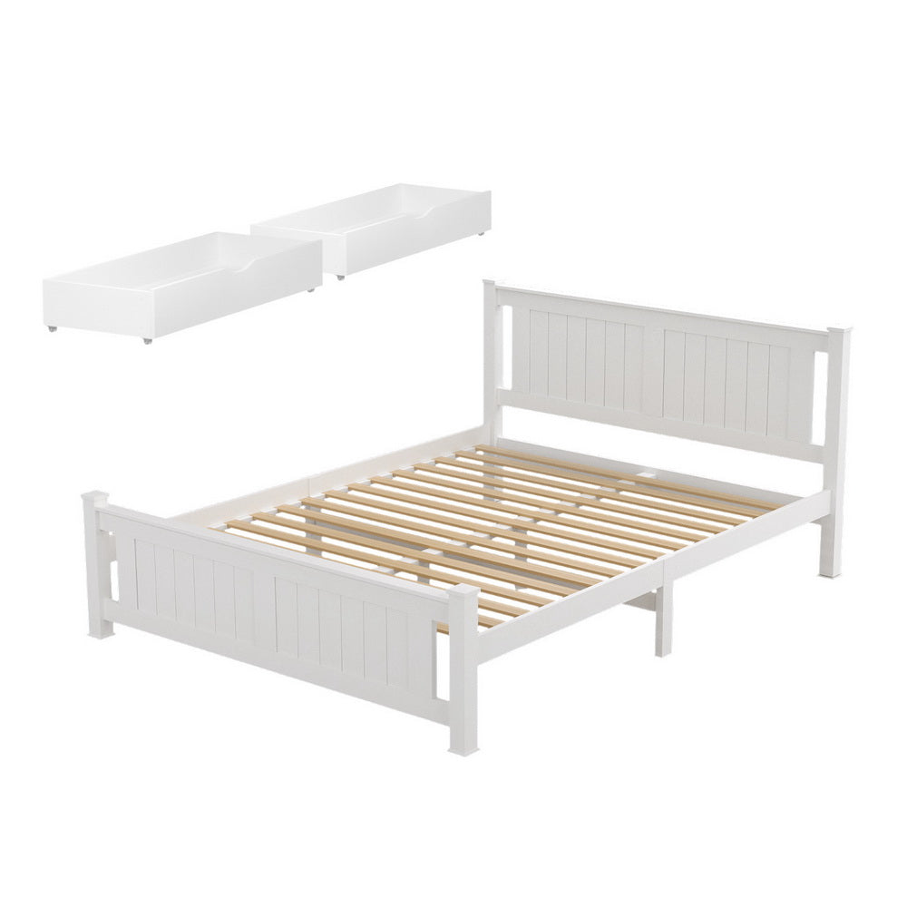 Artiss Bed Frame Double Size Wooden Platform with 2 Storage Drawers White RIO