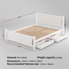 Artiss Bed Frame Double Size Wooden Platform with 2 Storage Drawers White RIO