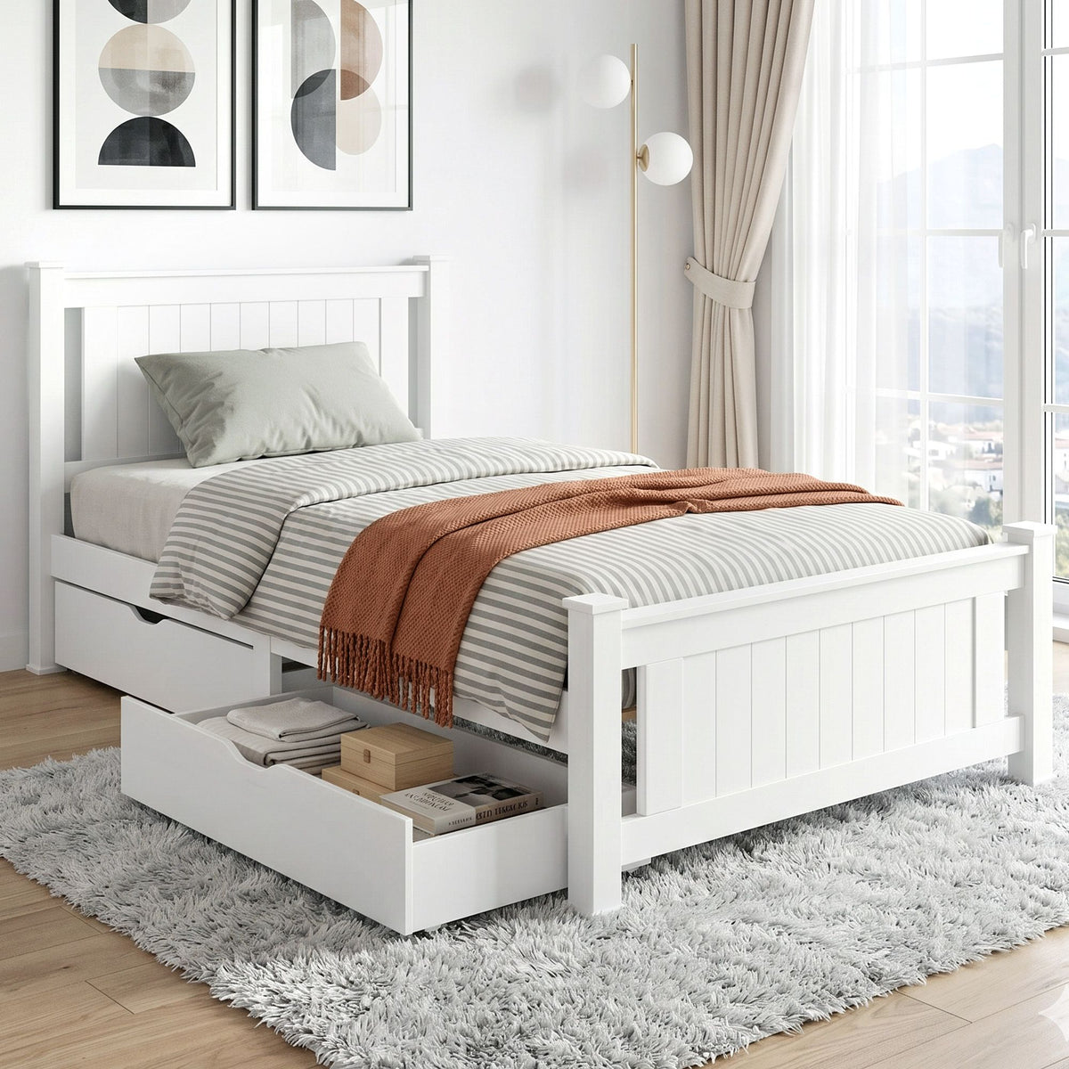 Artiss Bed Frame King Single Size Wooden Platform with 2 Storage Drawers White