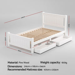Artiss Bed Frame King Single Size Wooden Platform with 2 Storage Drawers White