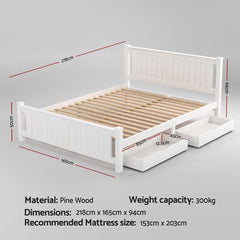Artiss Bed Frame Queen Size Wooden Platform with 2 Storage Drawers White RIO