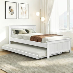 Artiss Wooden Trundle Bed Frame Timber Slat King Single Size White