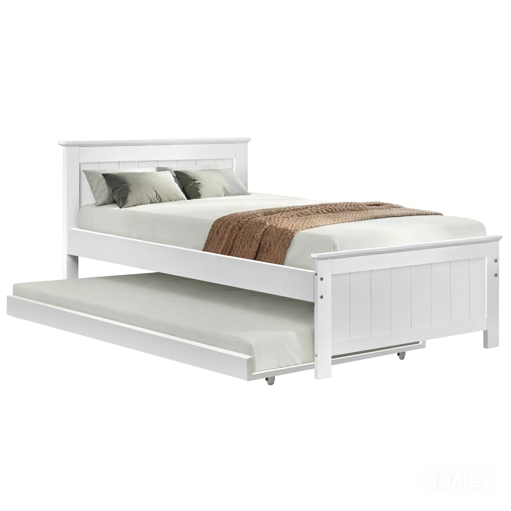 Artiss Wooden Trundle Bed Frame Timber Slat King Single Size White