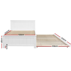 Artiss Wooden Trundle Bed Frame Timber Slat King Single Size White