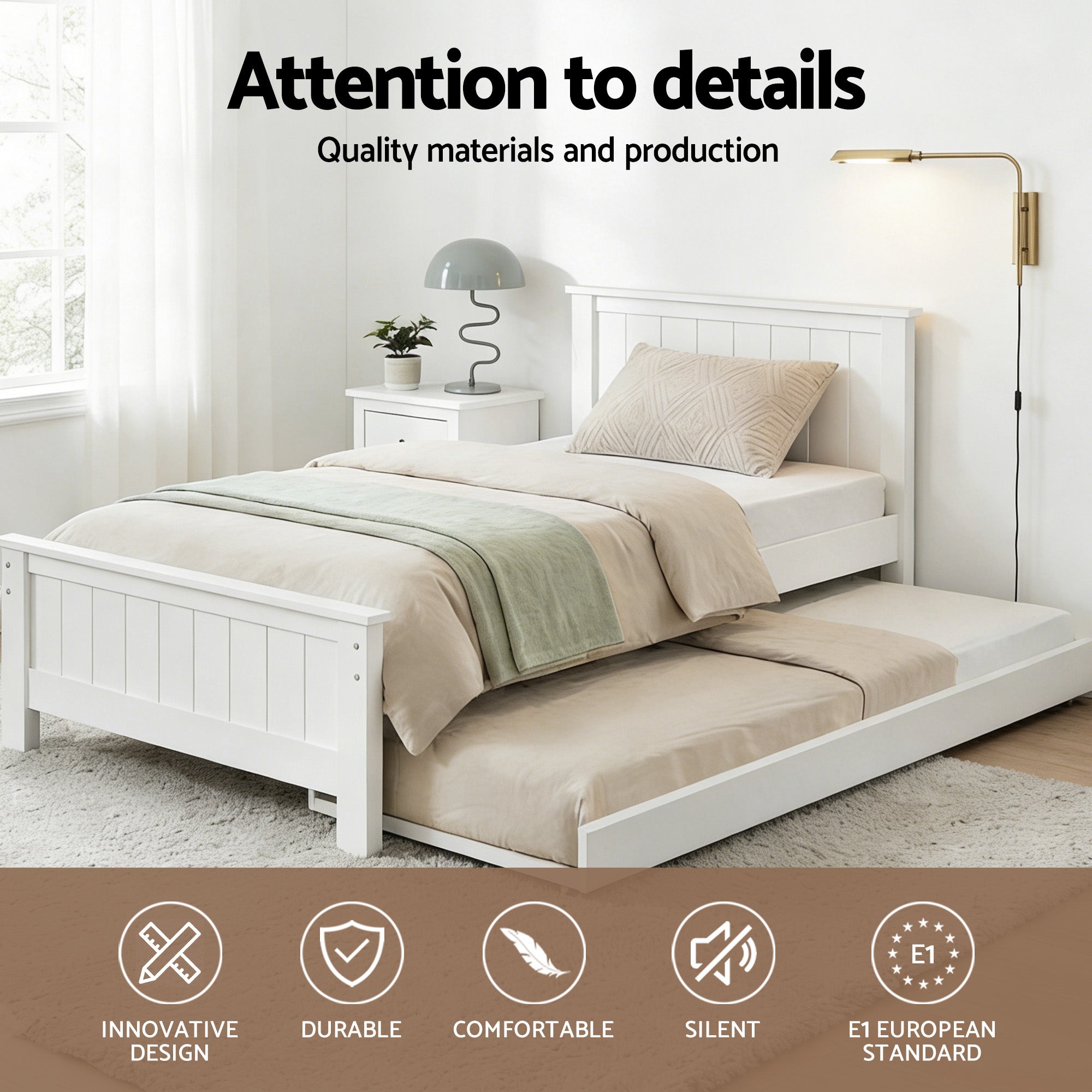 Artiss Wooden Trundle Bed Frame Timber Slat King Single Size White