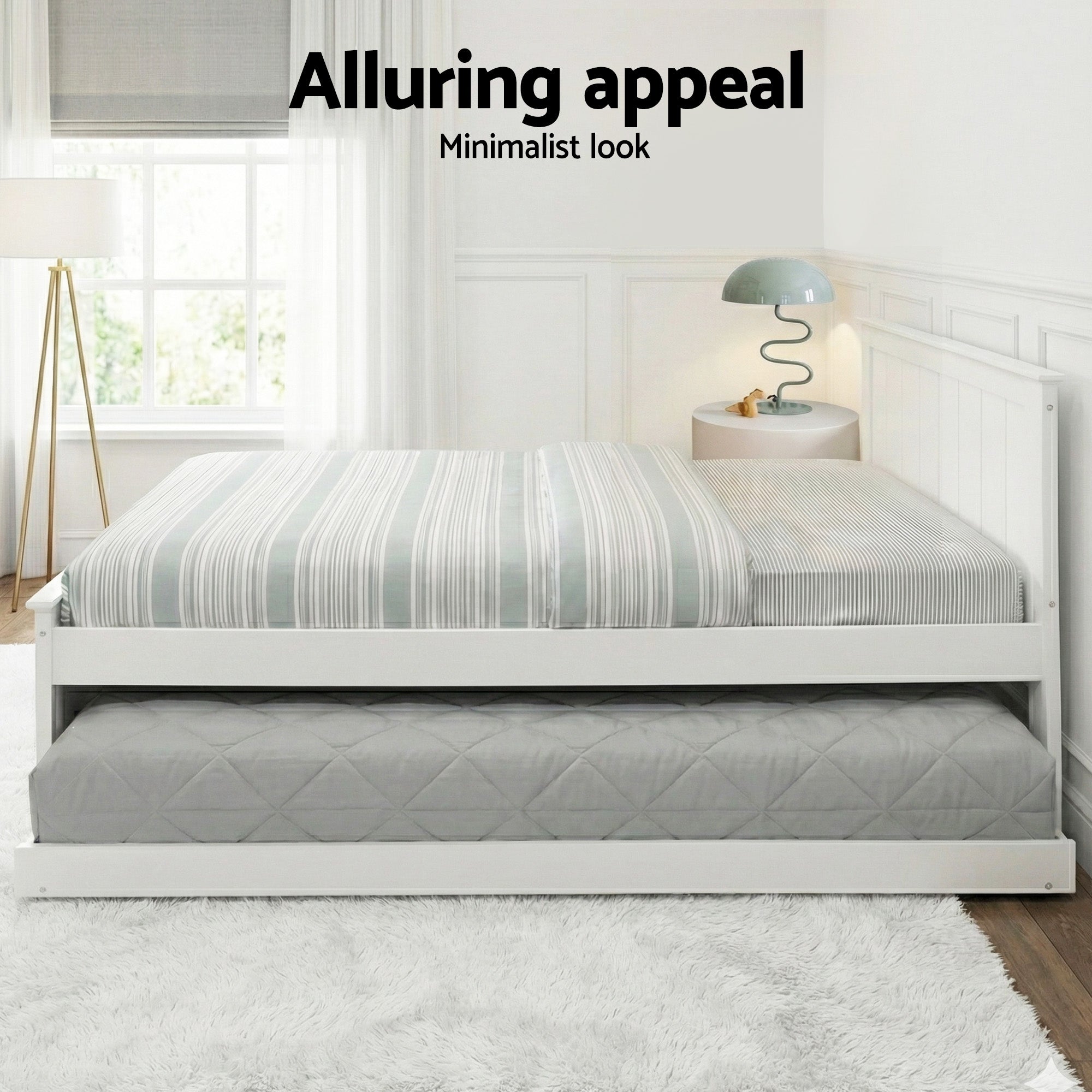 Artiss Wooden Trundle Bed Frame Timber Slat King Single Size White
