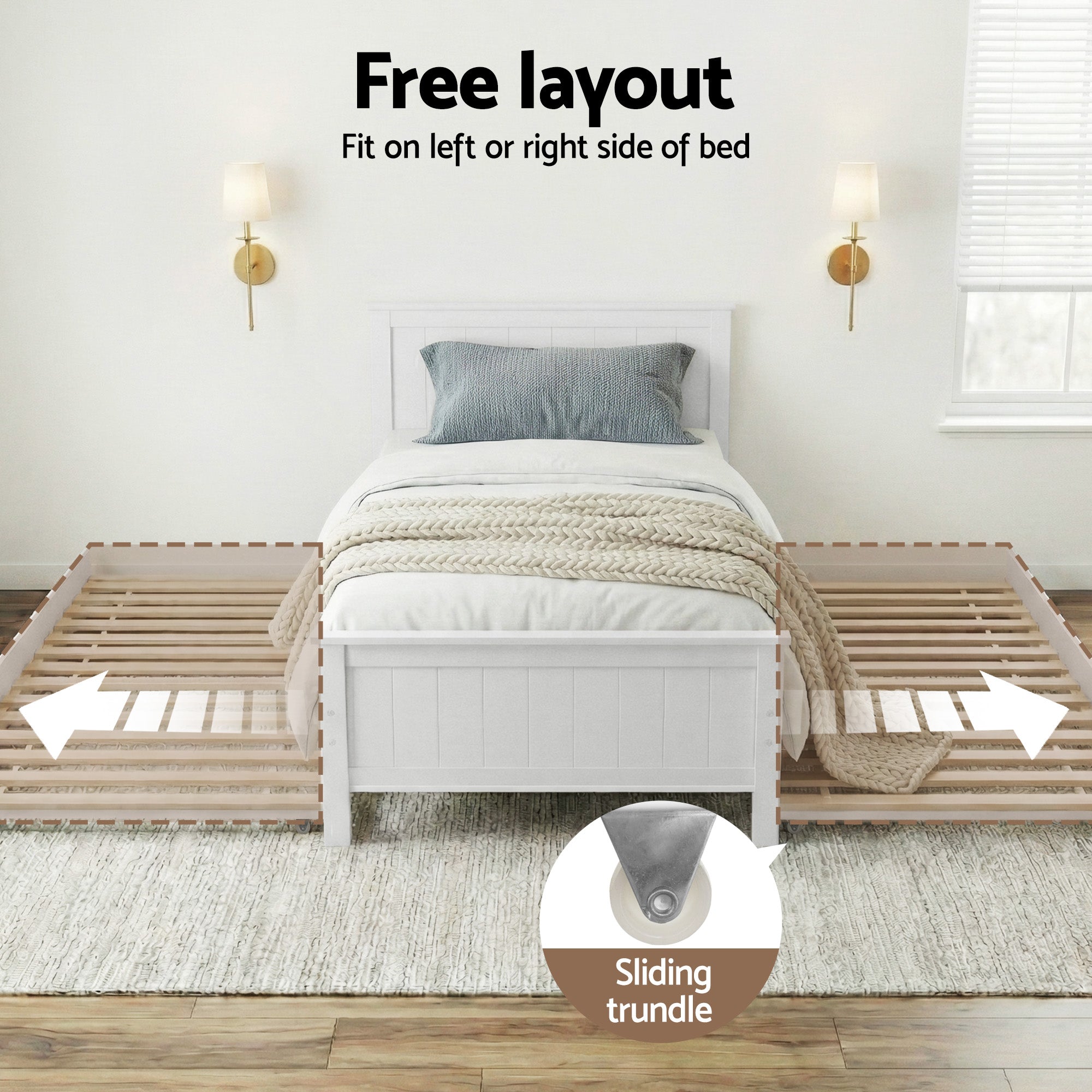 Artiss Wooden Trundle Bed Frame Timber Slat King Single Size White