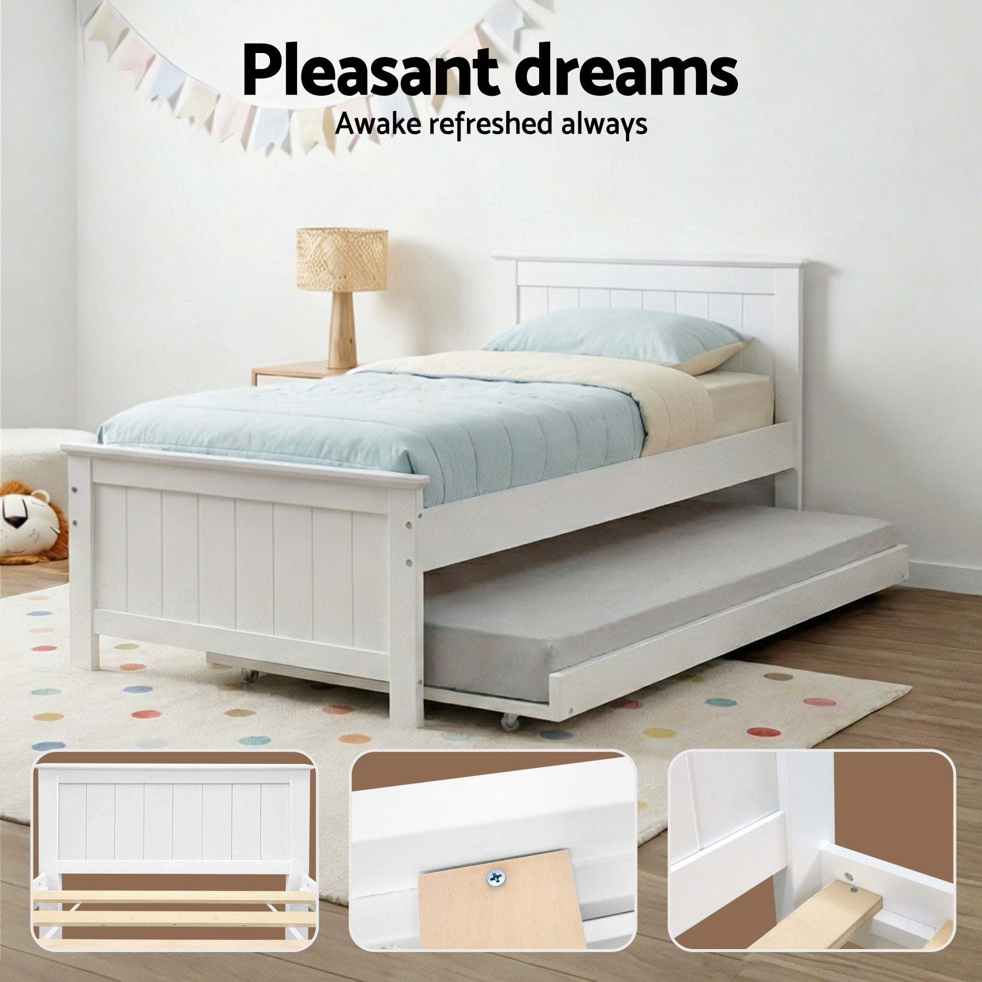 Artiss Wooden Trundle Bed Frame Timber Slat King Single Size White